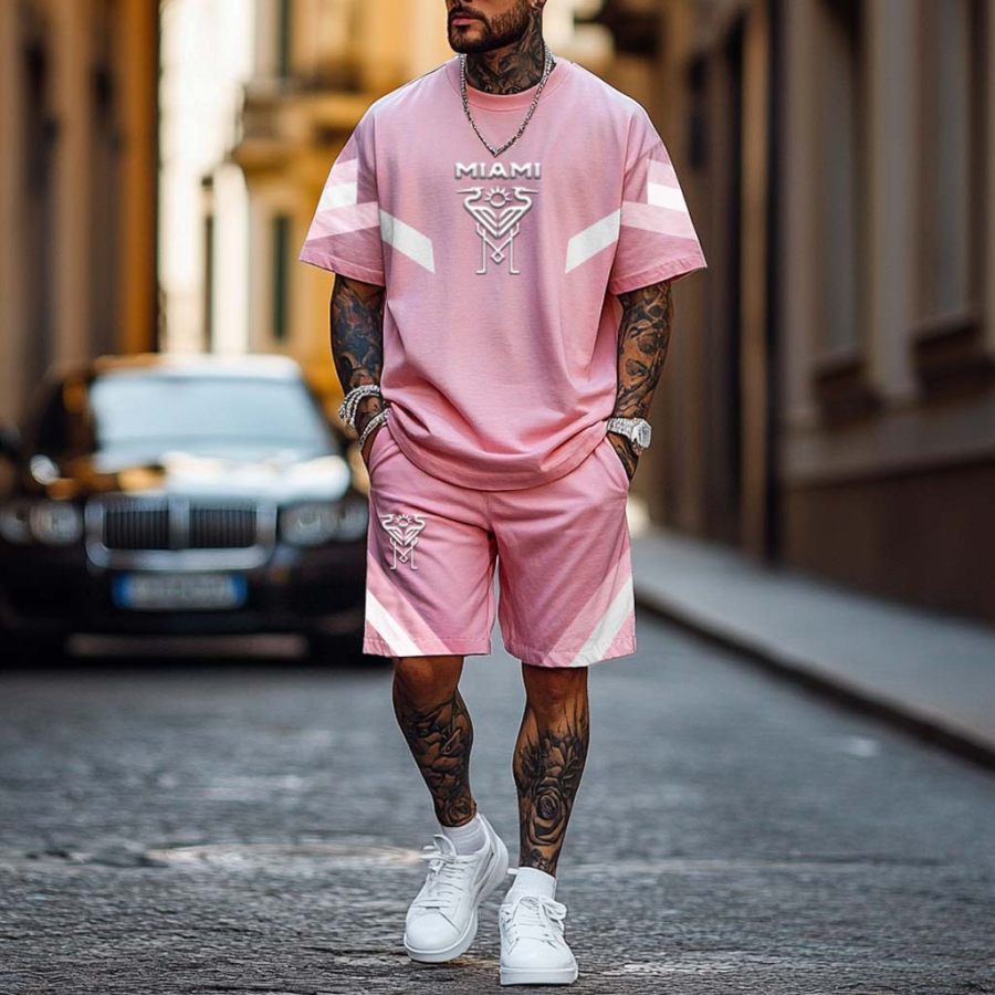 

Unisex Football Print Sports Streetwear Pink Athletic Short-Sleeved T-shirt And Shorts Set