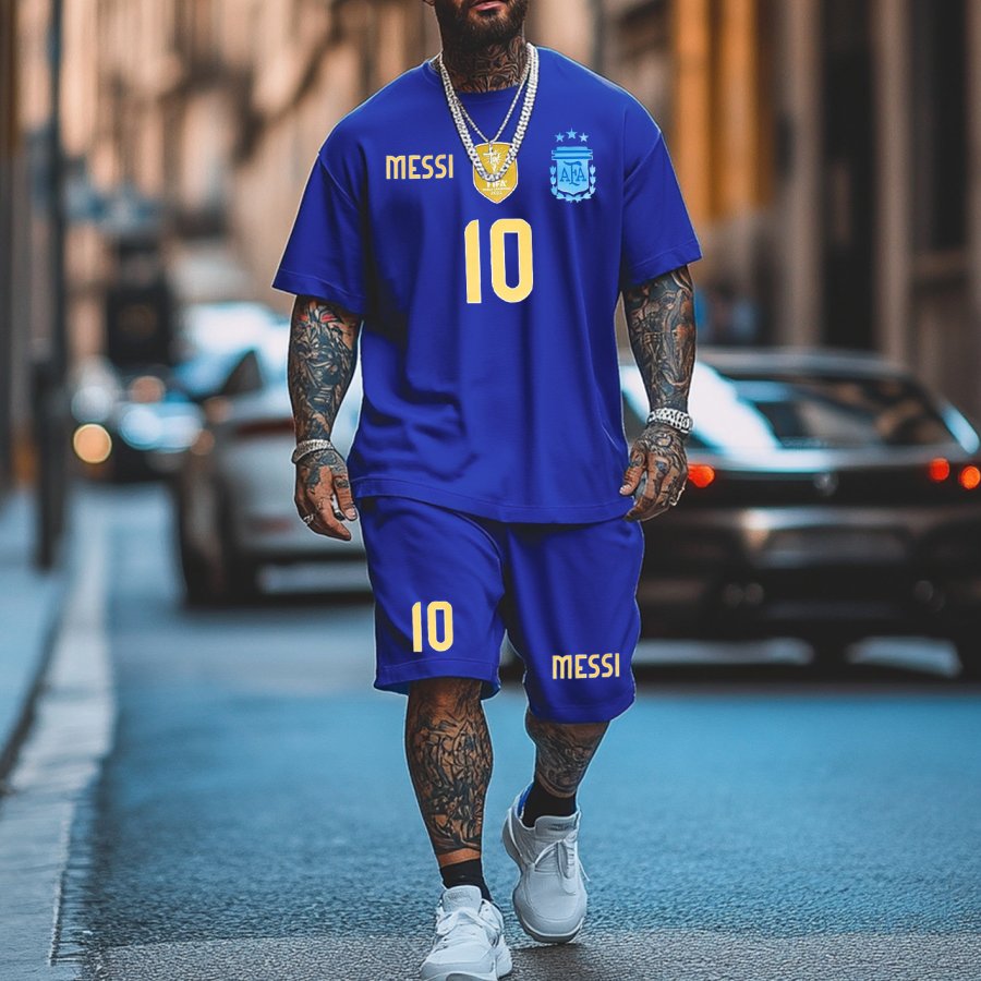 

Unisex Football Print Sports Streetwear Blue Athletic Short-Sleeved T-shirt And Shorts Set