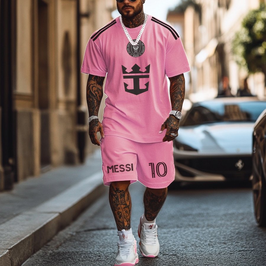 

Unisex Football Print Sports Streetwear Pink Athletic Short-Sleeved T-shirt And Shorts Set