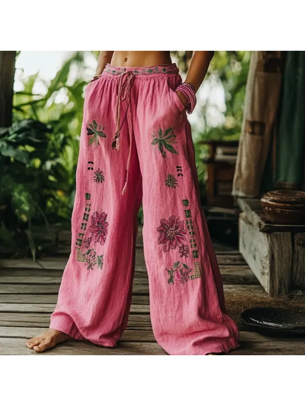 Bohemian Resort Forest Vintage Faux Linen Floral Ethnic Totem Print Casual Pants - Ootdmw.com 