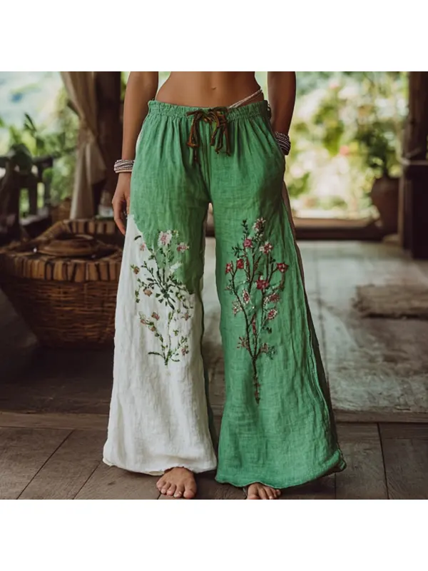 Bohemian Resort Forest Vintage Faux Linen Floral Ethnic Totem Print Casual Pants - Ootdmw.com 