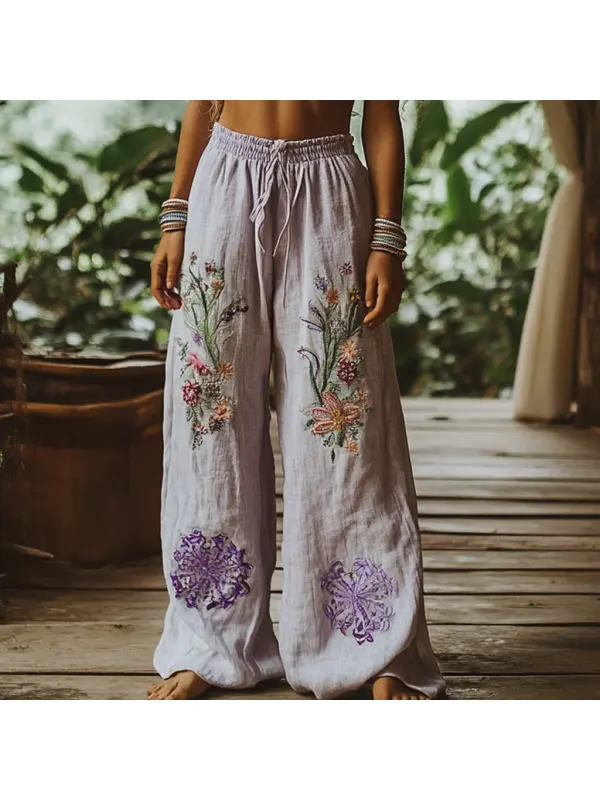Bohemian Resort Forest Vintage Faux Linen Floral Ethnic Totem Print Casual Pants - Ootdmw.com 