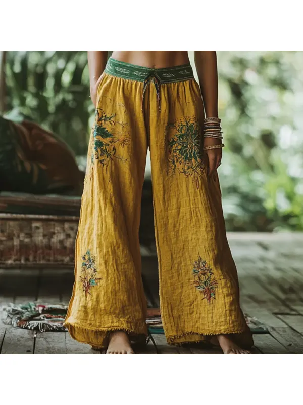 Bohemian Resort Forest Vintage Faux Linen Floral Ethnic Totem Print Casual Pants - Ootdmw.com 