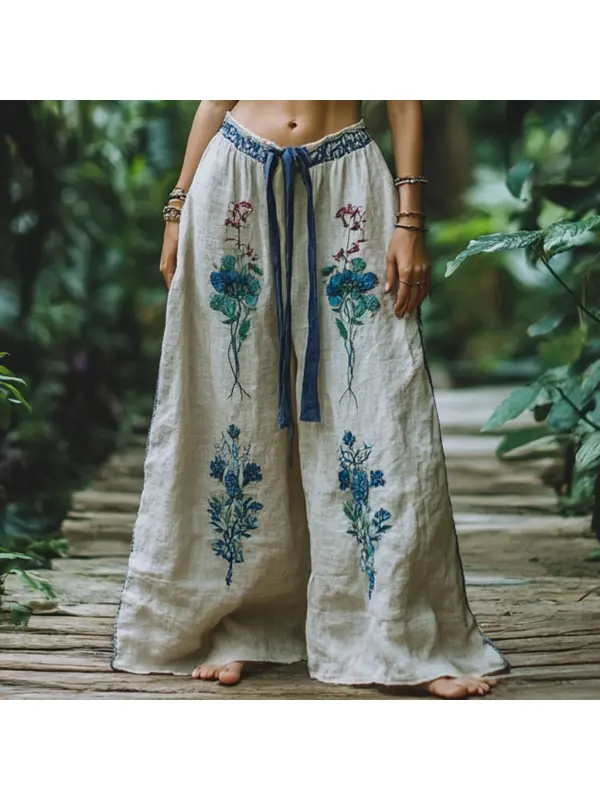 Bohemian Resort Forest Vintage Faux Linen Floral Ethnic Totem Print Casual Pants - Ootdmw.com 