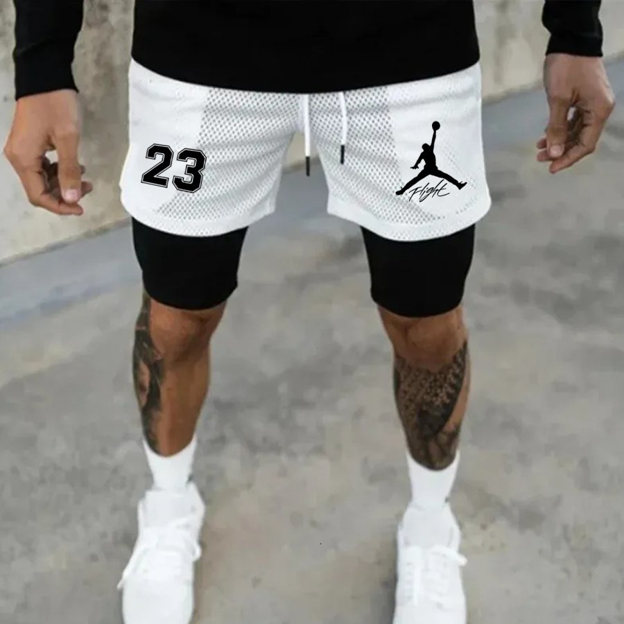 

Men's Basketball Logo Print White Double Layer Sports Mesh Shorts