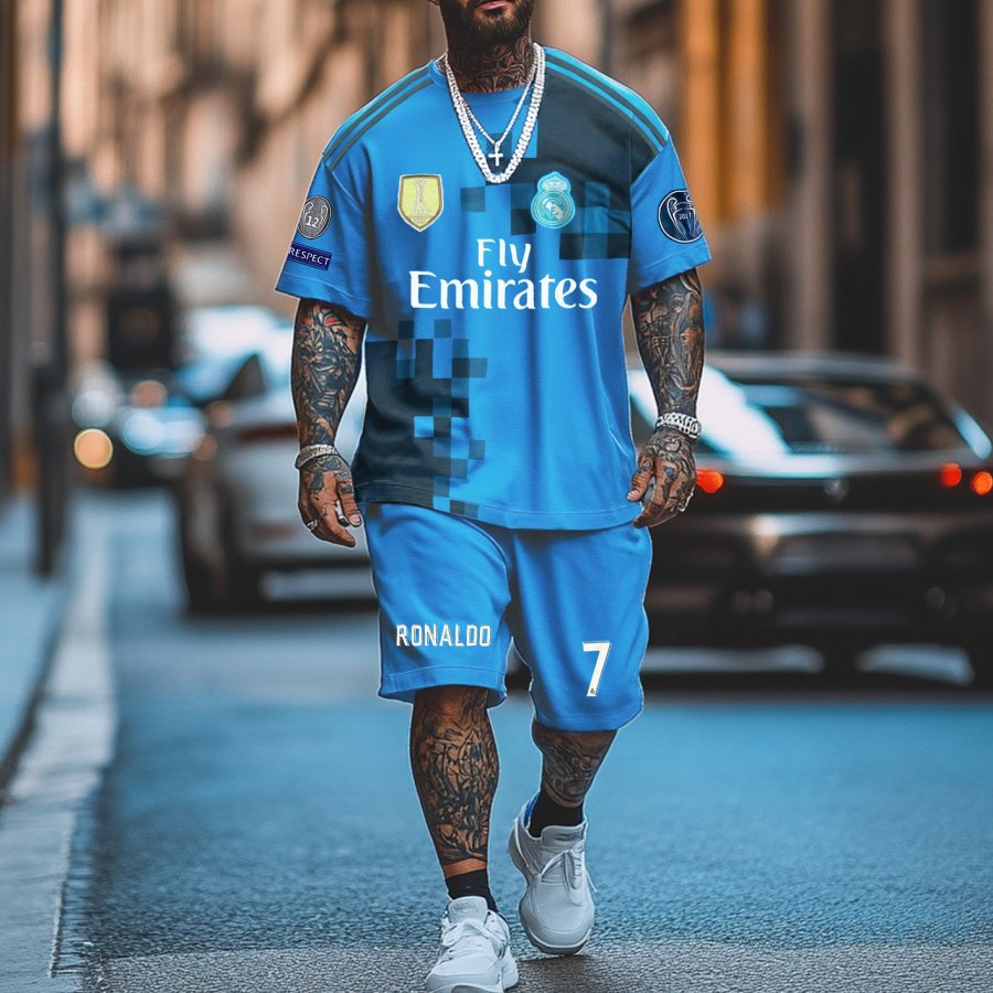 

Unisex Football Print Sports Streetwear Blue Athletic Short-Sleeved T-shirt And Shorts Set