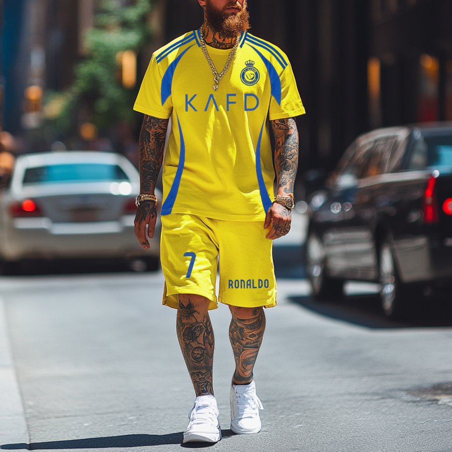 

Unisex Football Print Sports Streetwear Yellow Athletic Short-Sleeved T-shirt And Shorts Set