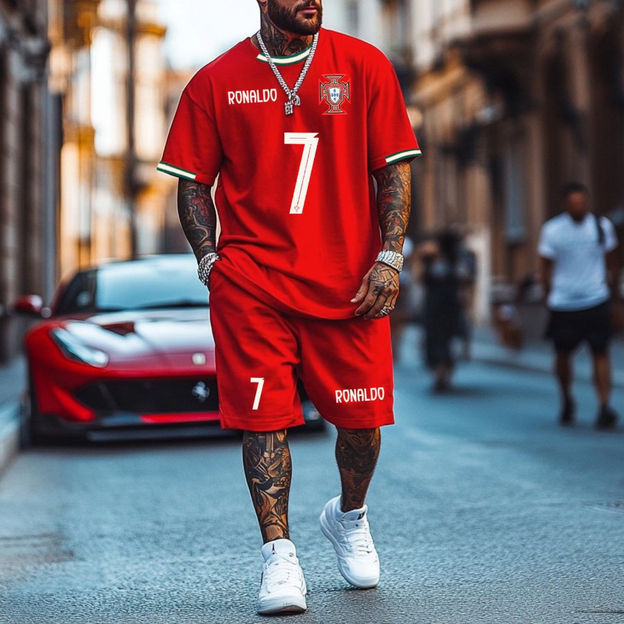 

Unisex Football Print Sports Streetwear Red Athletic Short-Sleeved T-shirt And Shorts Set