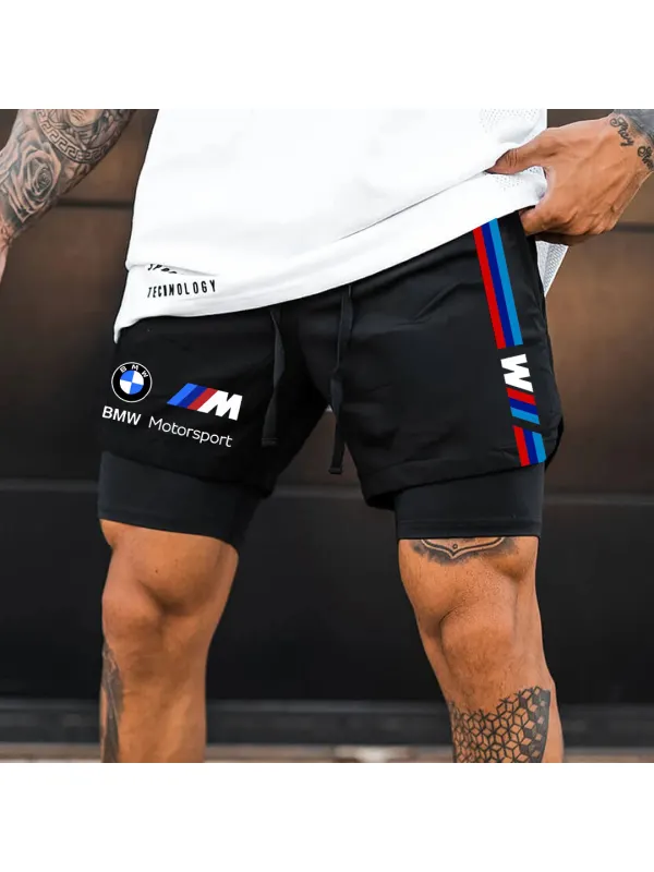 Men's Racing Print Double Layer Sports Shorts - Aptkoi.com 