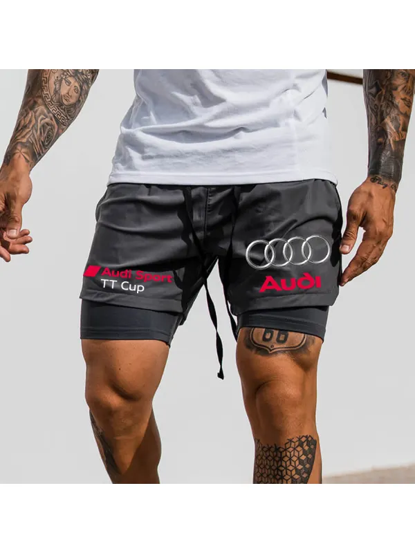 Men's Racing Print Double Layer Sports Shorts - Aptkoi.com 