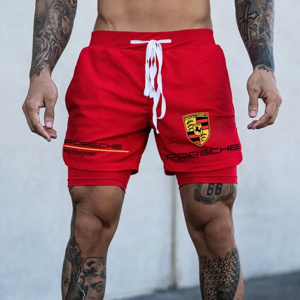 Men's Racing Print Double Layer Sports Shorts - Yesunshine.com 