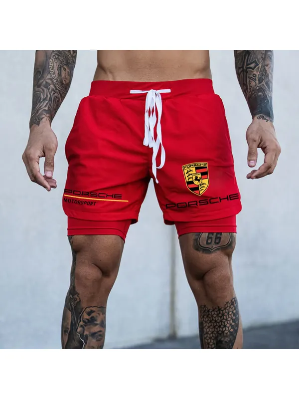Men's Racing Print Double Layer Sports Shorts - Aptkoi.com 