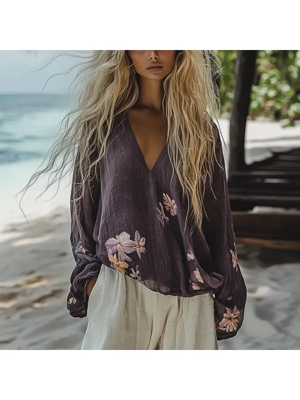 Vintage Bohemian Beach Vacation Linen Long-sleeved Top - Cominbuy.com 