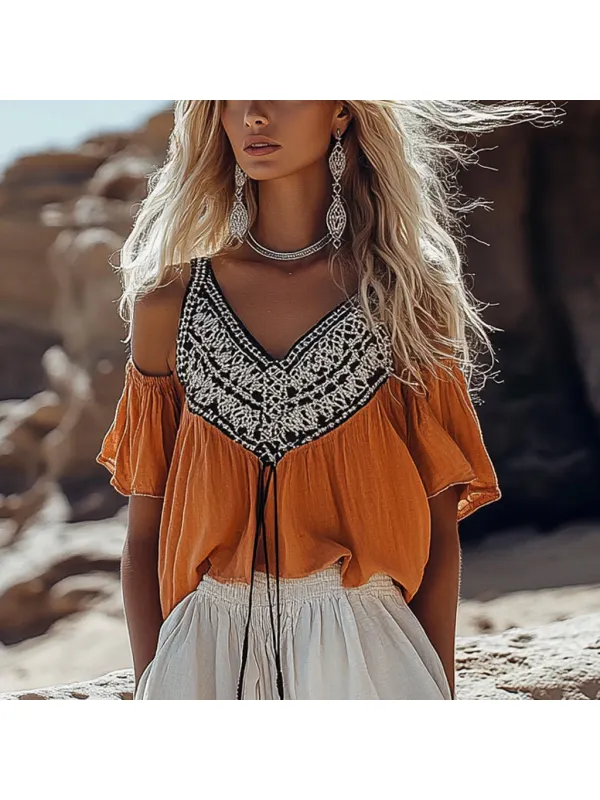 Girls' Bohemian Vintage Summer Linen Print Patchwork Comfortable Camisole - Aptkoi.com 