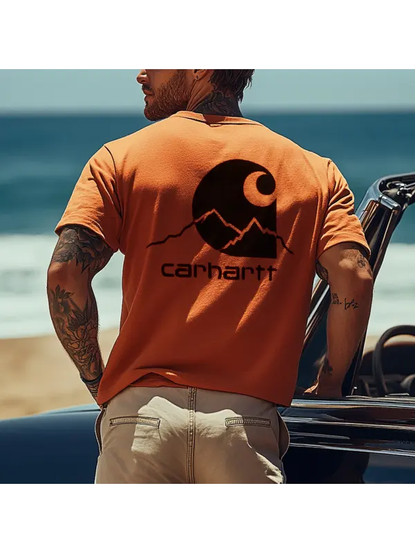 Men's Vintage Print Orange Knit Lightweight Mesh T-Shirt - Perfect For Summer Outdoors - Aptkoi.com 