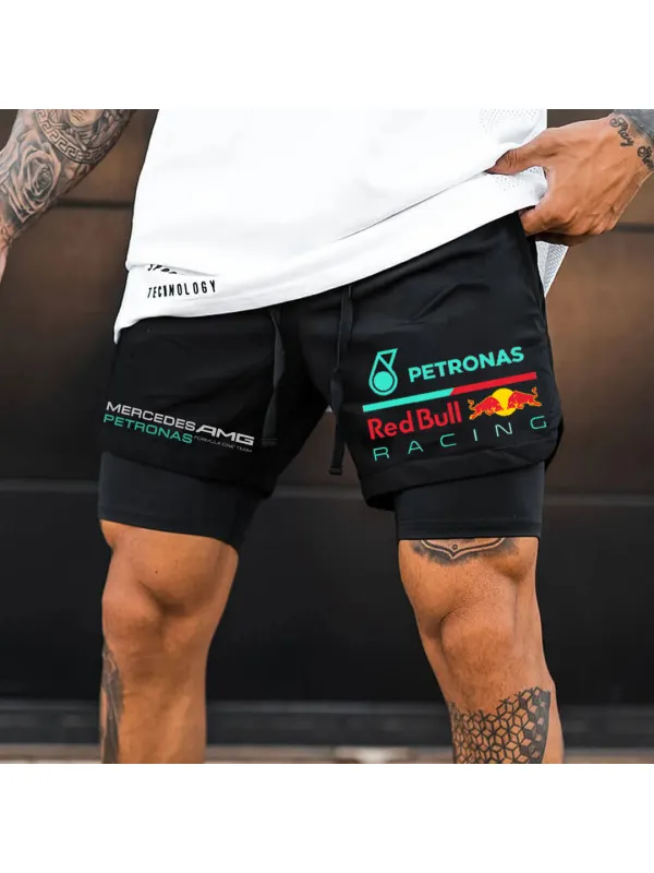 Men's Racing Print Double Layer Sports Shorts - Aptkoi.com 