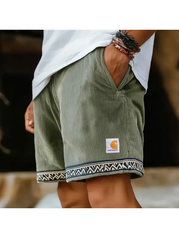 Men's Vintage Corduroy Stitching Ethnic Aztec Elastic Drawstring Surf Shorts - Aptkoi.com 