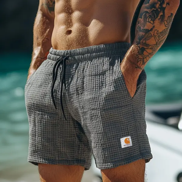 Men's Vintage Gray Waffle Fabric Patchwork Knit Pockets Surf Elastic Drawstring Shorts - Albionstyle.com 