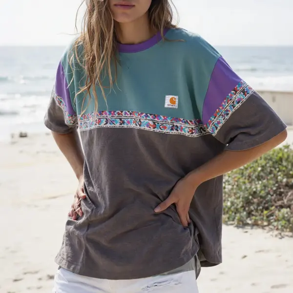 Unisex Casual Vintage Splicing Color Ethnic Print Surf T-Shirt - Cotosen.com 