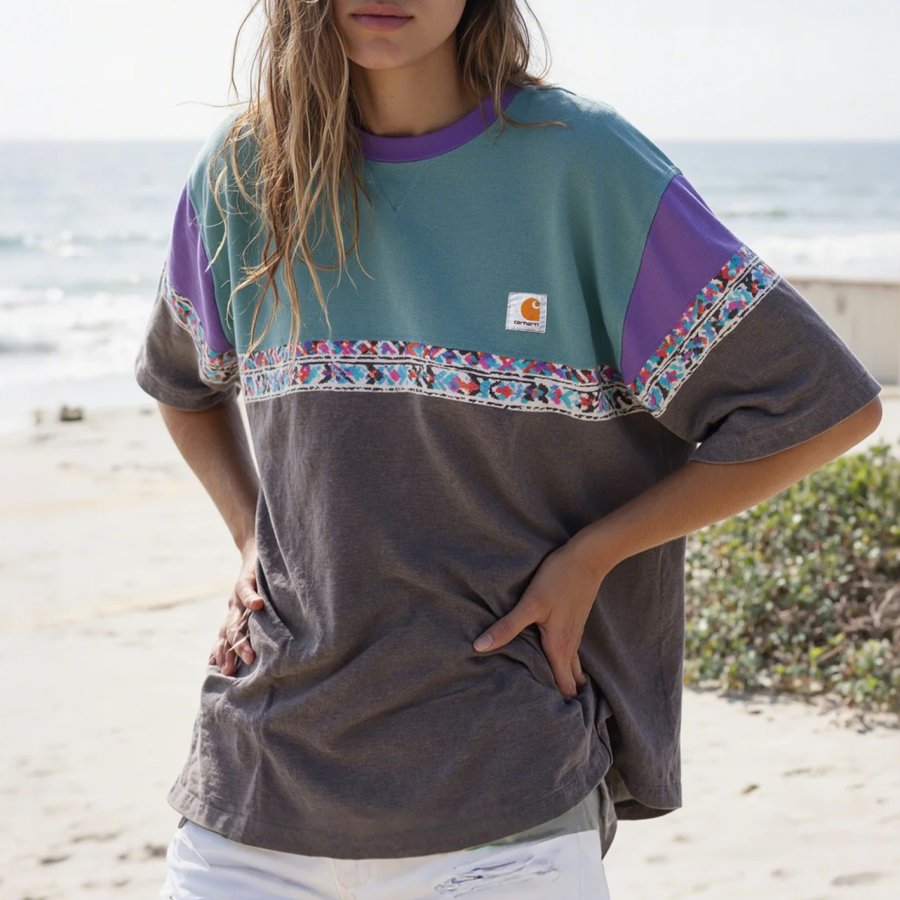 

Unisex Casual Vintage Splicing Color Ethnic Print Surf T-Shirt