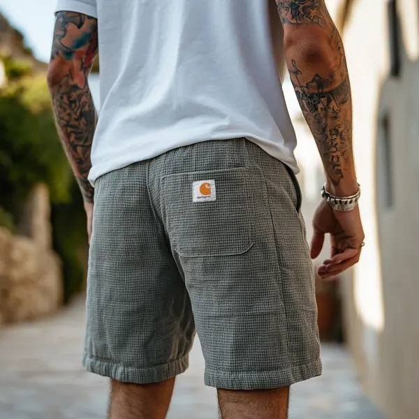 Men's Vintage Cement Gray Waffle Fabric Knit Surf Elastic Drawstring Shorts - Reveltop.com 
