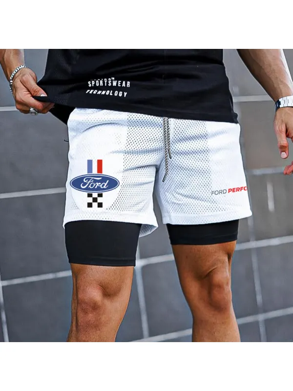 Racing Letters Print Double-Layer Shorts - Anrider.com 