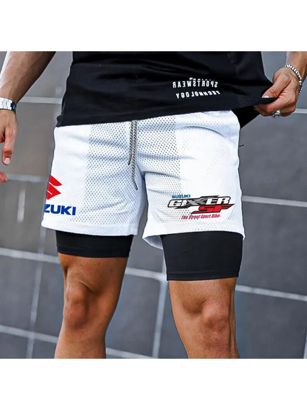 Men's Motorcycle Logo Print Double Layer Shorts - Anrider.com 