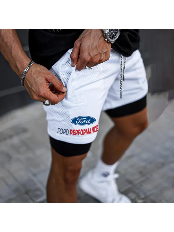 Racing Logo Print Double Layer Shorts - Aptkoi.com 