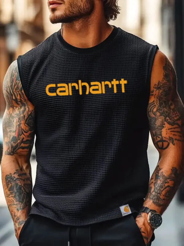 Men's Vintage Waffle Knit Surf Black Crew Neck Sleeveless Tank Top - Menbarn.com 