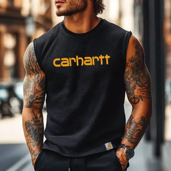 Men's Vintage Waffle Knit Surf Black Crew Neck Sleeveless Tank Top - Ootdyouth.com 