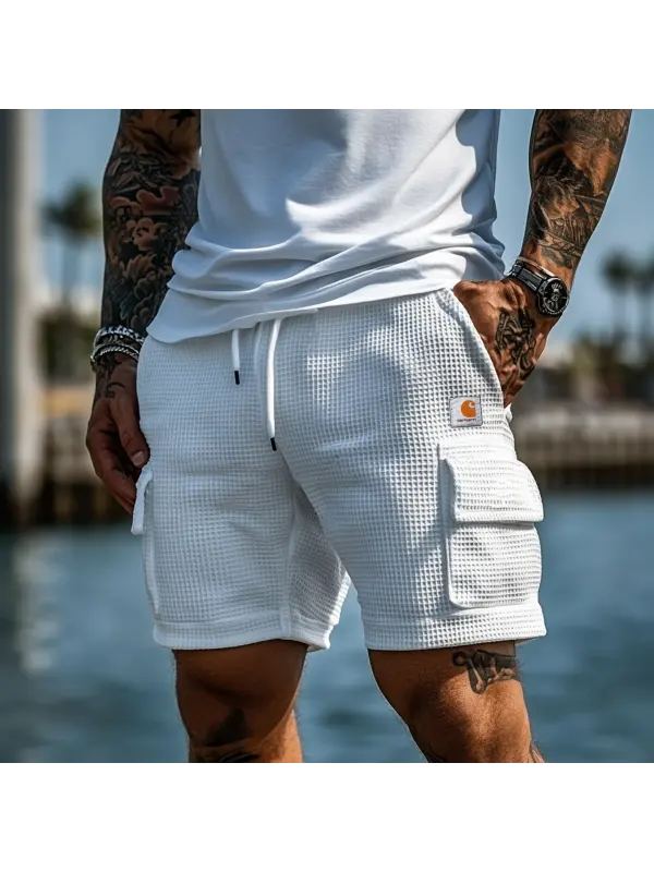 Men's Vintage Waffle Knit Multi-Pocket Casual Walkshort Workwear Elastic Cargo Shorts - Aptkoi.com 