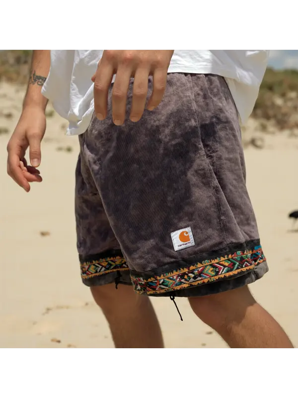 Men's Vintage Corduroy Stitching Ethnic Aztec Elastic Drawstring Surf Shorts - Ootdmw.com 