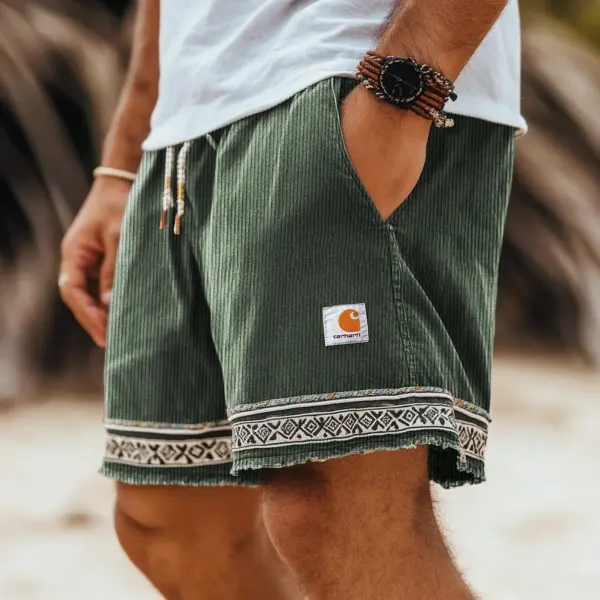 Men's Vintage Corduroy Stitching Ethnic Aztec Elastic Drawstring Surf Shorts - Spiretime.com 
