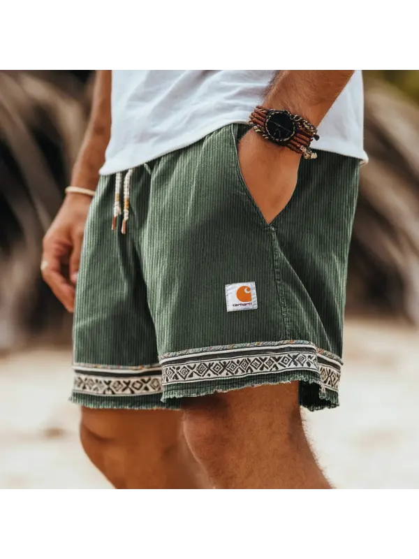 Men's Vintage Corduroy Stitching Ethnic Aztec Elastic Drawstring Surf Shorts - Ootdmw.com 
