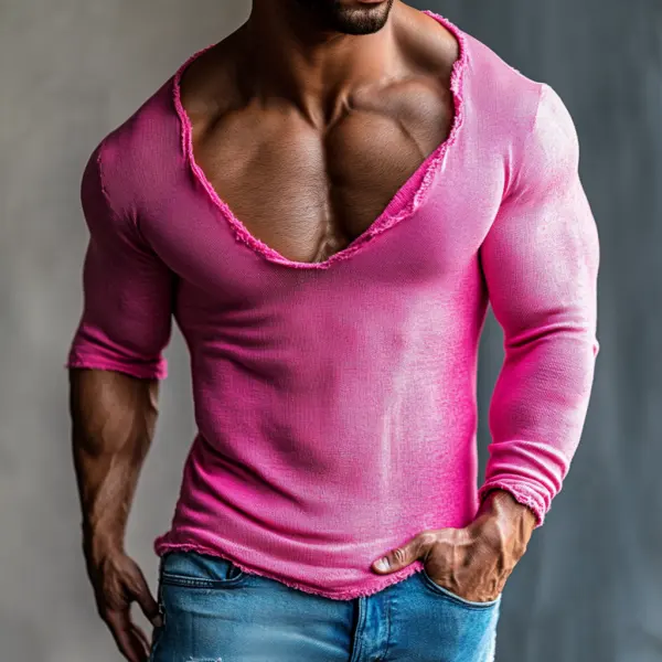Men's Casual Deep V-neck Super Stretch Comfortable Breathable Long-sleeved T-shirt Casual Fitness Daily T-shirt Club Se - Fineyoyo.com 