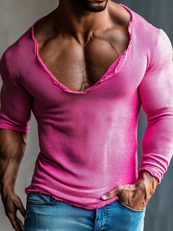 Men's Casual Deep V-neck Super Stretch Comfortable Breathable Long-sleeved T-shirt Casual Fitness Daily T-shirt Club Se - Menbarn.com 