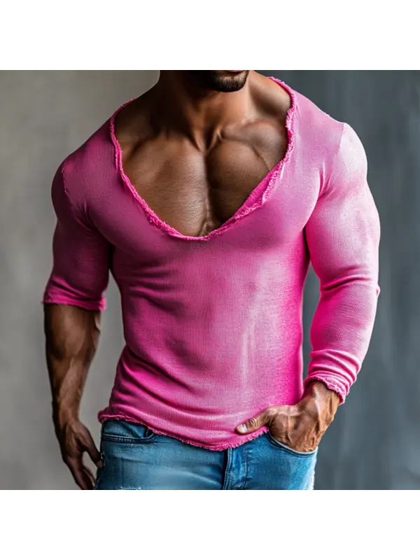 Men's Casual Deep V-neck Super Stretch Comfortable Breathable Long-sleeved T-shirt Casual Fitness Daily T-shirt Club Se - Ootdmw.com 