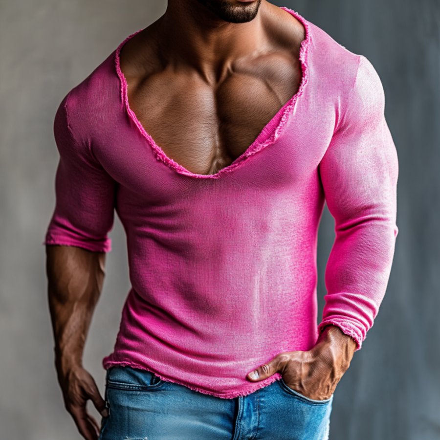 

Men's Casual Deep V-neck Super Stretch Comfortable Breathable Long-sleeved T-shirt Casual Fitness Daily T-shirt Club Se