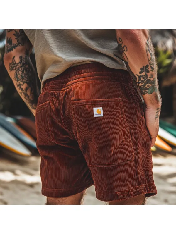 Men's Vintage Surf Shorts Corduroy Elastic Waist Shorts - Anrider.com 