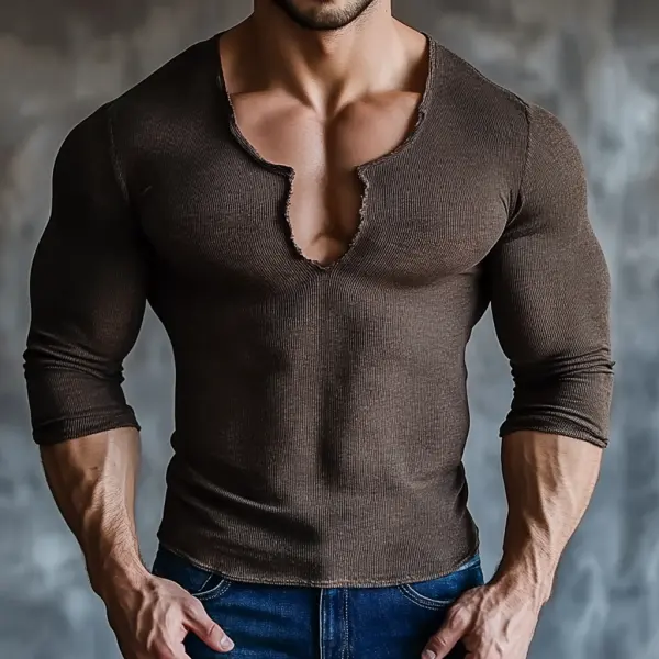 Men's Casual V-neck Super Stretch Comfortable Breathable Long-sleeved T-shirt Thread Casual Fitness Daily T-shirt Sexy T - Menilyshop.com 