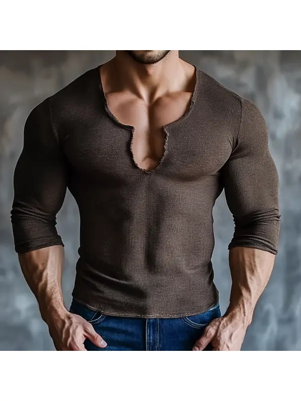 Men's Casual V-neck Super Stretch Comfortable Breathable Long-sleeved T-shirt Thread Casual Fitness Daily T-shirt Sexy T - Frontiercool.com 