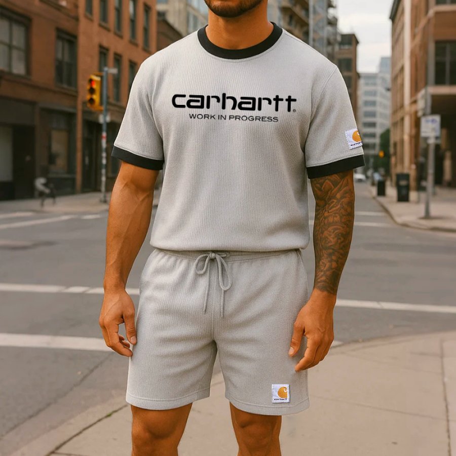 

Men's Vintage Advanced Gray Splicing Waffle Splicing T-shirt And Shorts Set Two Piece Set