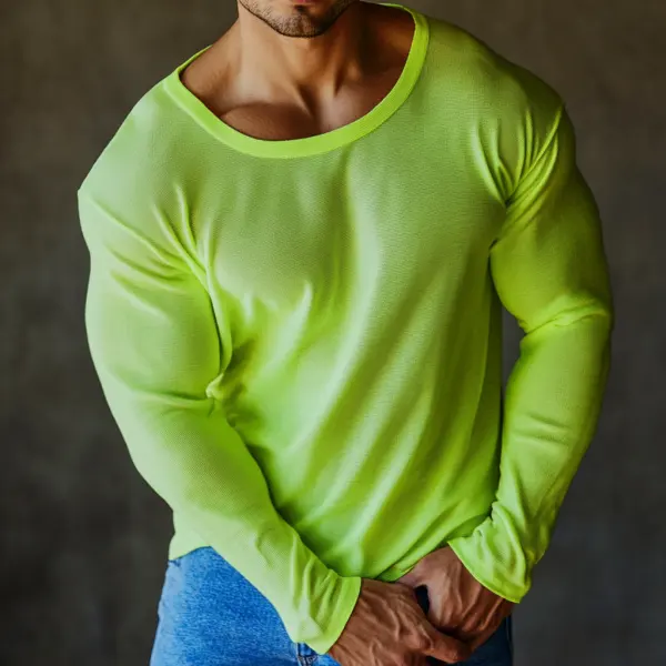 Men's Casual Round Neck Super Stretch Comfortable Breathable Long Sleeve T-shirt Casual Fitness Daily T-shirt Club Mesh - Mobilittle.com 