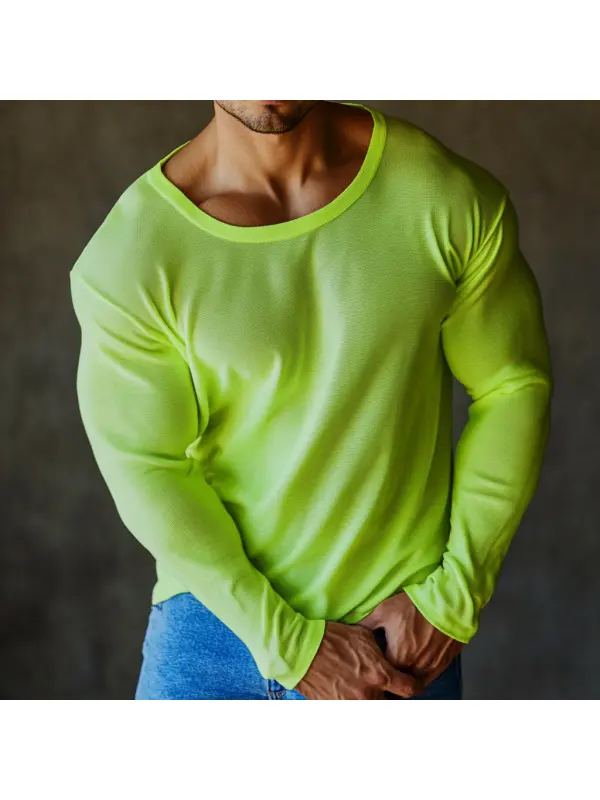 Men's Casual Round Neck Super Stretch Comfortable Breathable Long Sleeve T-shirt Casual Fitness Daily T-shirt Club Mesh - Ootdmw.com 