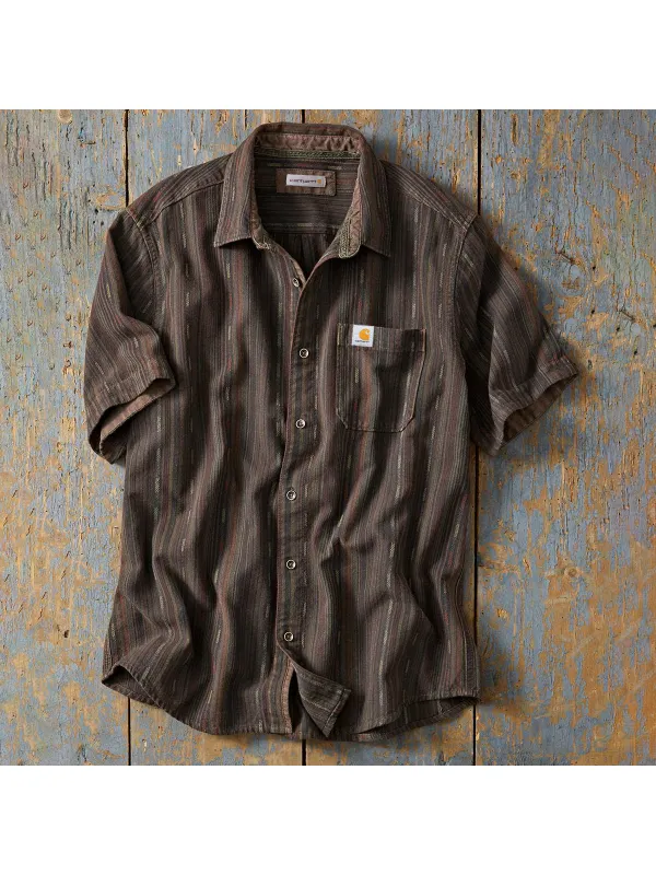 Retro Unisex Striped Texture Short Sleeve Shirt Geometric Texture Cardigan - Ootdmw.com 