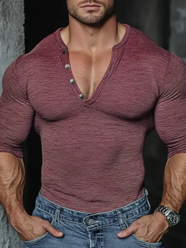 Men's Casual Henry V-neck Oversized Stretch Comfortable Breathable Long Sleeve T-shirt Oversized Neck Casual Fitness Dai - Wantbright.com 