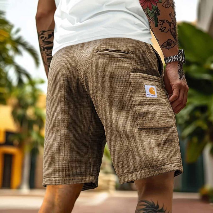 

Men's Vintage Surf Waffle Knit Pocket Khaki Elastic Drawstring Shorts