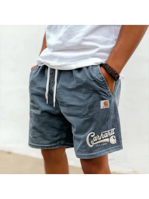 Men's Vintage Corduroy Knit Surf Light Blue Embroidery Elastic Drawstring Walkshort Shorts - Ootdmw.com 