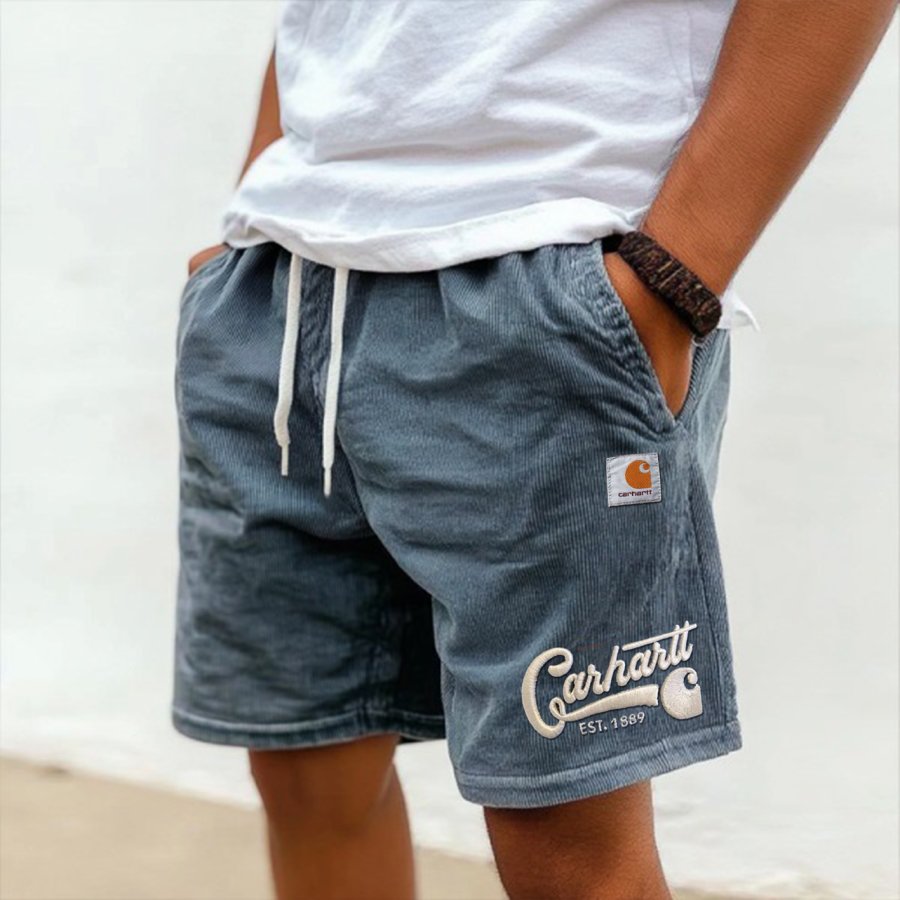 

Men's Vintage Corduroy Knit Surf Light Blue Embroidery Elastic Drawstring Walkshort Shorts