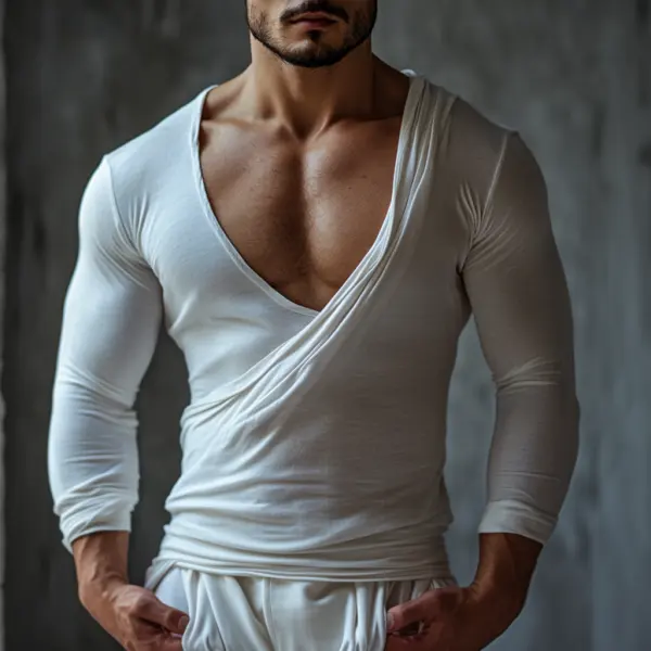 Men's Casual V-neck Super Stretch Comfortable Breathable Long-sleeved T-shirt Splicing Design Top - Bustalent.com 